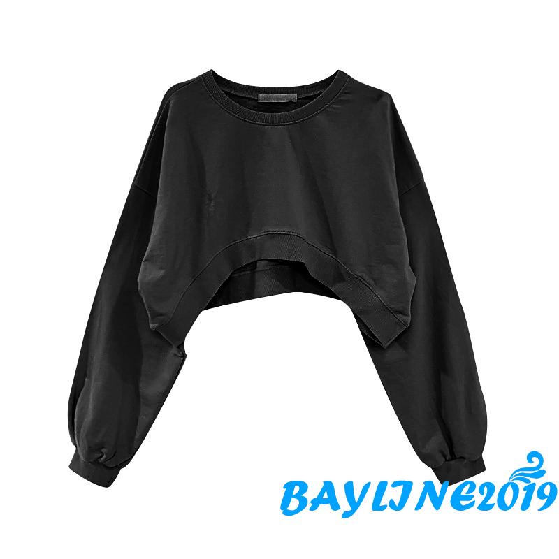 Áo thun dài tay hở rốn cổ tròn màu trơn thời trang năng động cho nữ