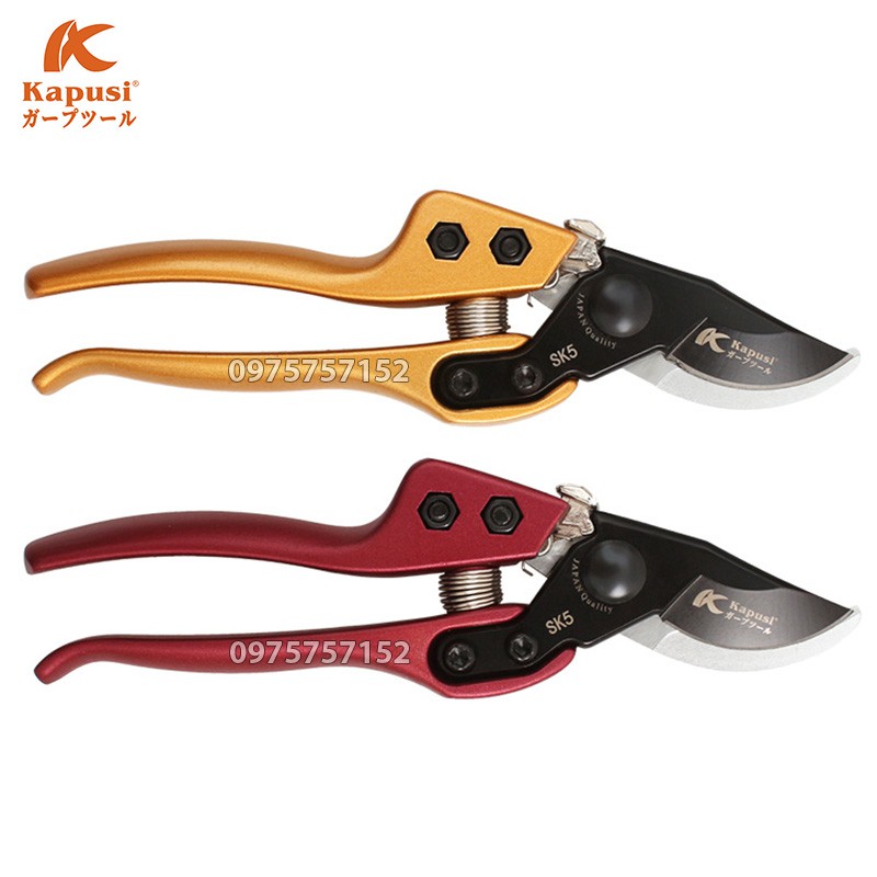 Kéo cắt cành lưỡi cong trợ lực Nhật Kapusi JAPAN thép SK5 siêu sắc phủ Teflon chống dính, cán hợp kim nhôm đúc siêu bền