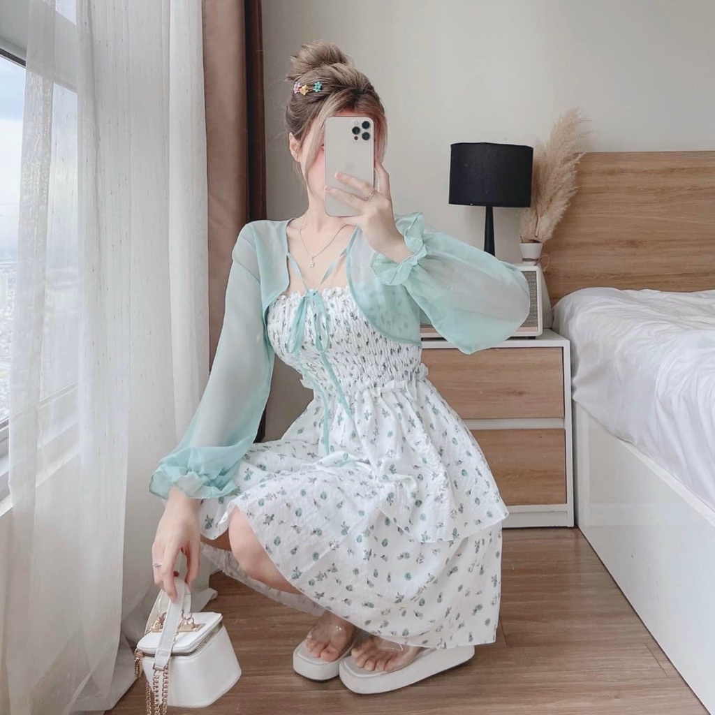 Set váy tiểu thư sang chảnh 2 dây in họa tiết kèm áo voan tay dài nữ tính thiết kế đầm dự tiệc dạo phố XM Minh Phúc