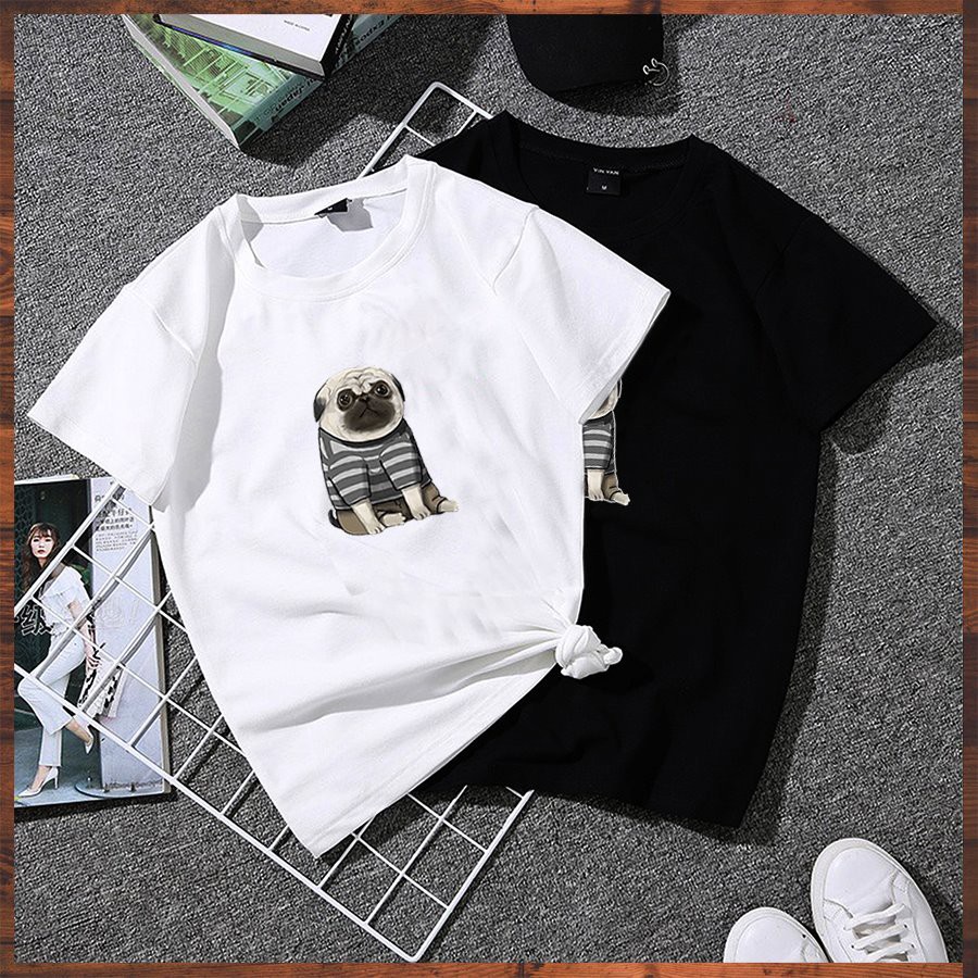 Áo thun unisex tay lỡ form rộng chó pug dễ thương vải dày mịn 2020TN1059