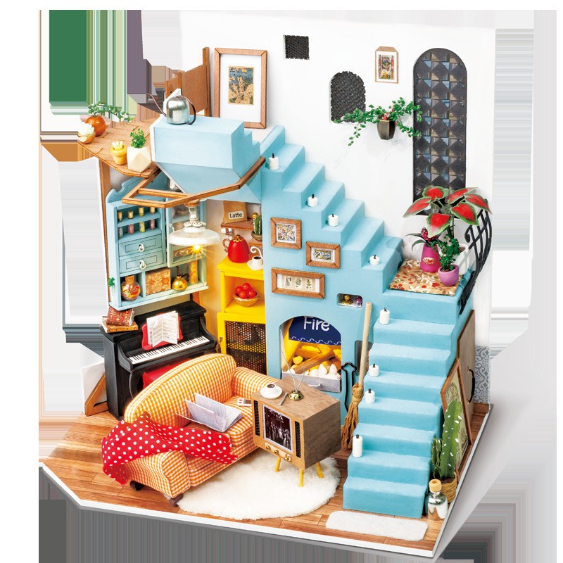 Nhà lắp ghép DIY Dollhouse bằng gỗ Mẫu Living Room Robotime tặng kèm bộ dụng cụ lắp ráp, keo silicon, đèn Led