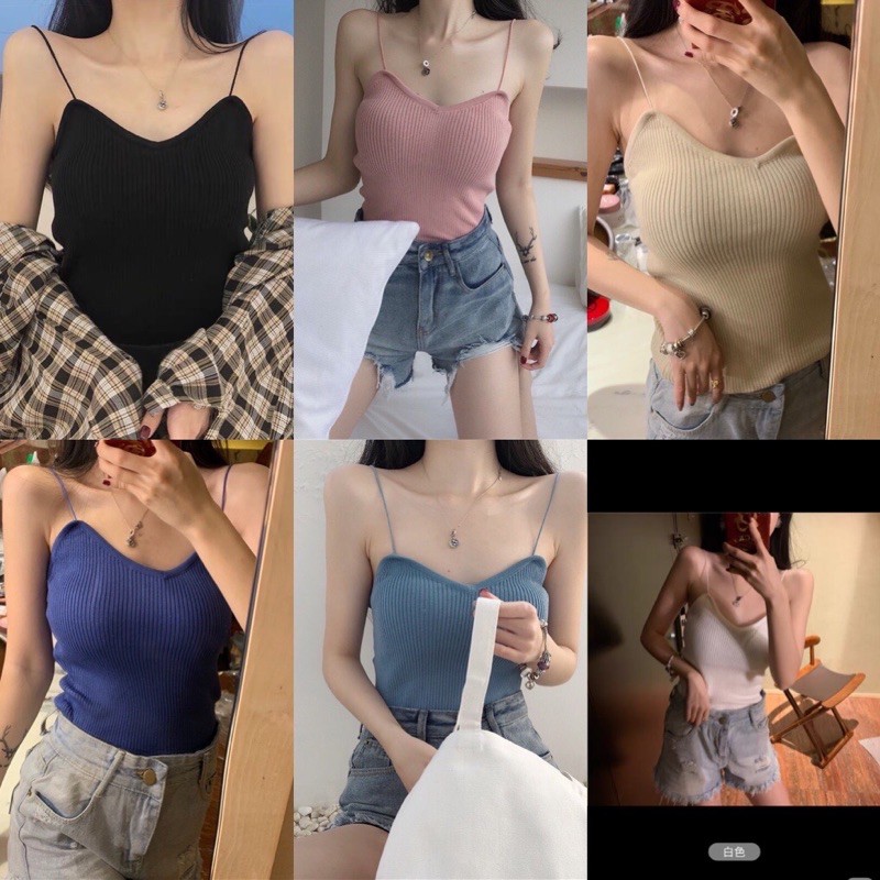 Áo thun ôm 2 dây màu trơn phong cách Hàn Quốc Áo ngang ngực Croptop cotton 1 lớp thun ống ôm body dây sợi bún