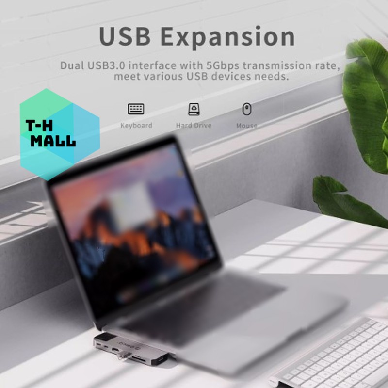 Bộ Hub chuyển đổi chia cổng 8 trong 1 Orico USB type C kép sang HDMI USB 3.0 Gigabit RJ45 dành cho laptop táo Pro