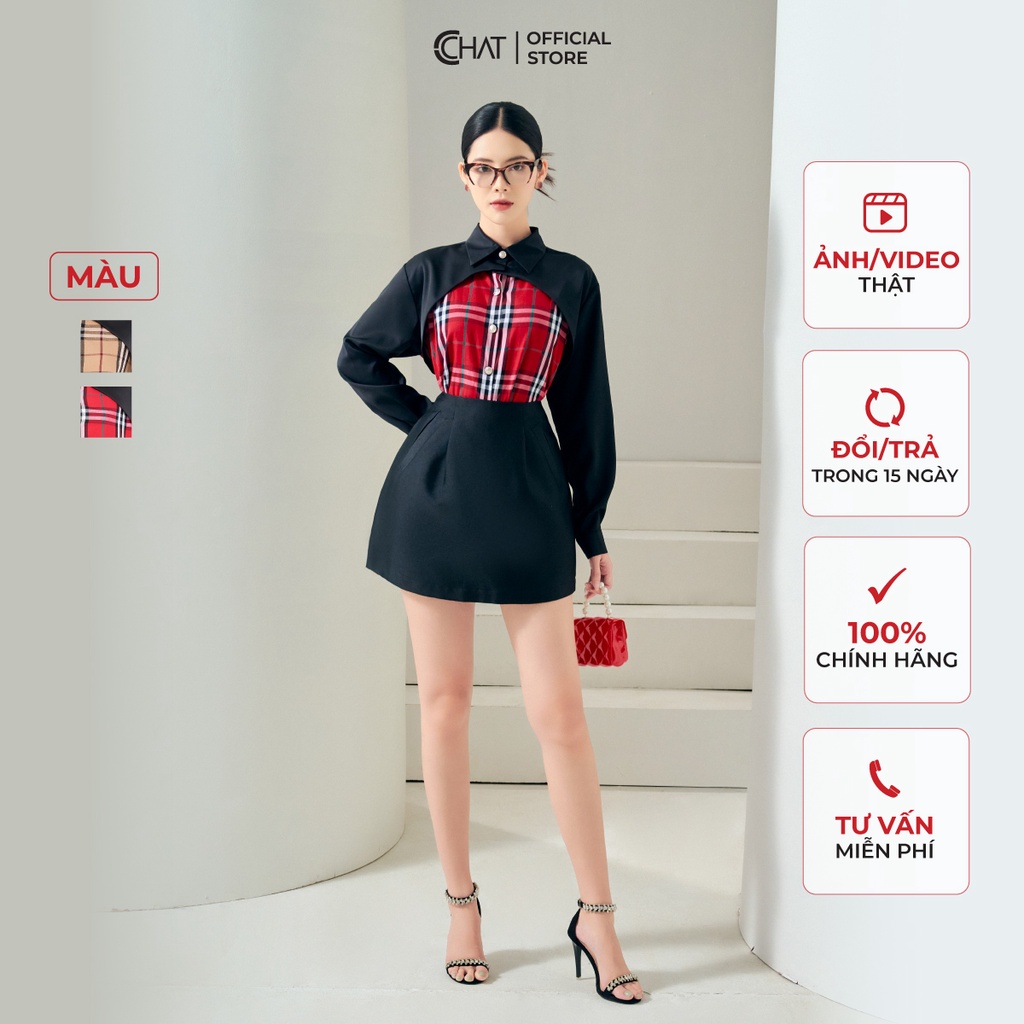Áo Sơ Mi Nữ 𝐂𝐂𝐇𝐀𝐓 Kẻ Phối Cổ Kiểu Chất Thô Cao Cấp Phong Cách Trẻ Trung 22FDT8001ST