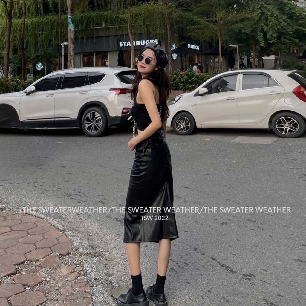 Chân váy da đen xẻ tà lệch siêu TRENDY A9001N Nhung Nhớ