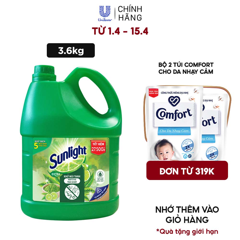 Nước Rửa Chén Bát Sunlight Trà Xanh Nhật Bản 3.6kg