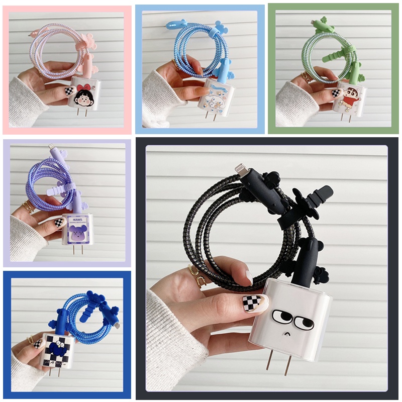 Bộ 4 Phụ Kiện Bảo Vệ Đầu Sạc (Dây Cáp Sạc) 18W / 20W / Dây Lò Xo Dài 1.5m Họa Tiết Hoạt Hình Kirby