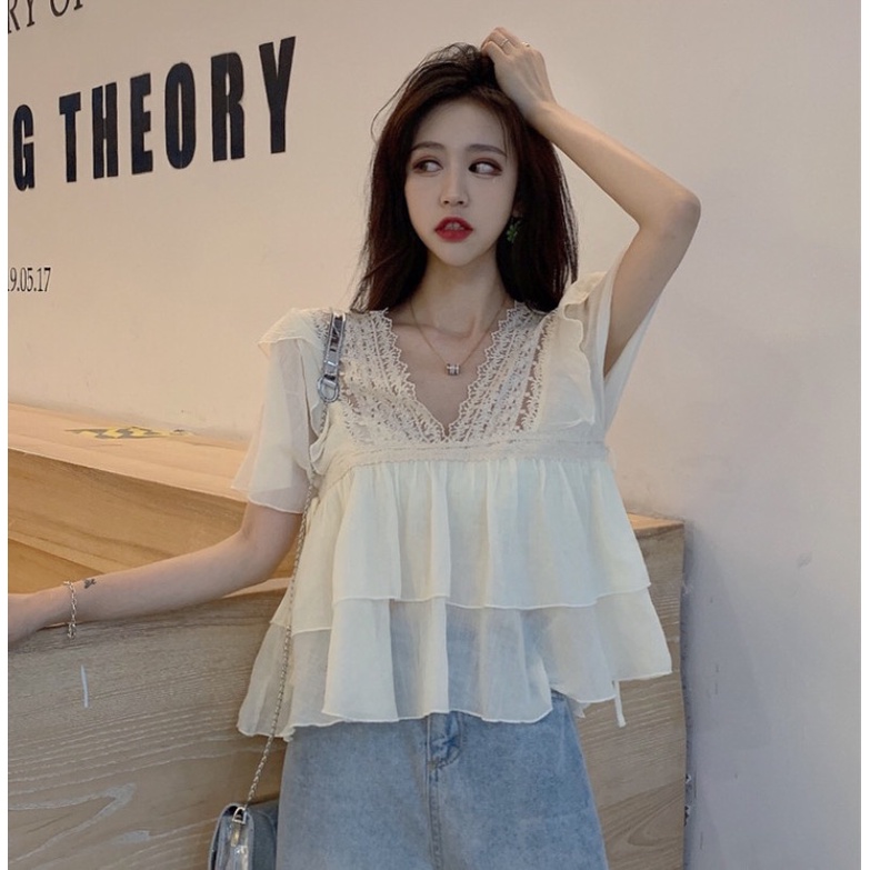 Linki ✧ Áo Sơ Mi chiffon Tay Ngắn Cổ Chữ v Thời Trang Cho Nữ