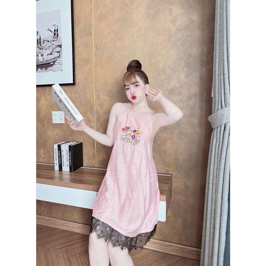 Set Váy ngủ Lụa Satin họa tiết Hoa