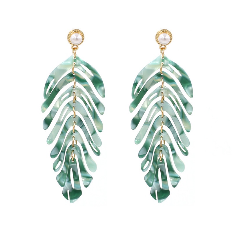 1 Đôi Bông Tai Acrylic Hình Chiếc Lá Màu Xanh Lá / Trắng Thời Trang Mùa Hè Kích Thước 8.8x3.2cm