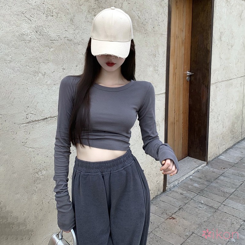 Áo Croptop Tay Dài Cổ Tròn Dáng Ôm Thời Trang Cho Nữ