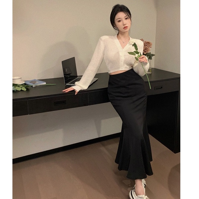 Set Áo Khoác Cardigan Dệt Kim Cổ Chữ V Dài Tay + Chân Váy Lưng Cao Thời Trang Nữ