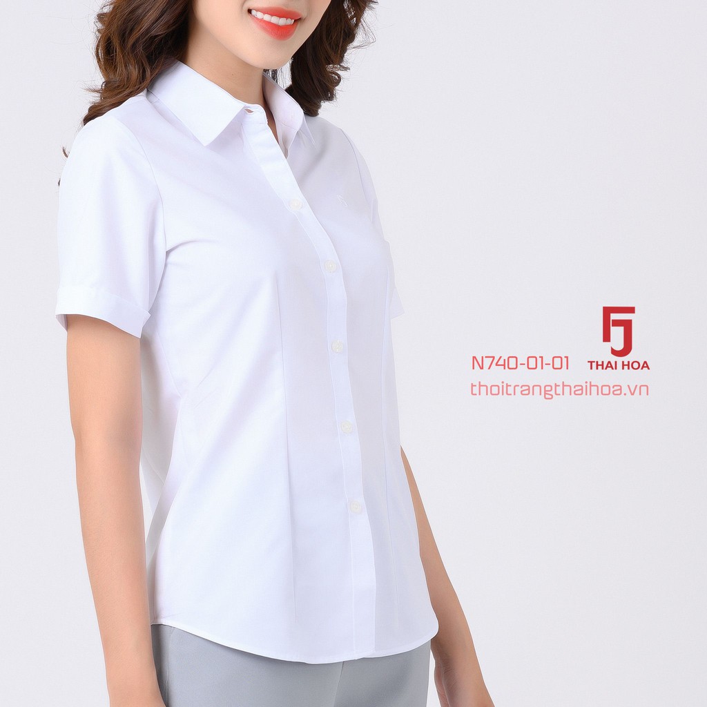 Áo sơ mi nữ Thái Hòa N740-01-01 Áo sơ mi nữ công sở ngắn tay, màu Trắng, Vải Tencel mềm mại, mát lạnh