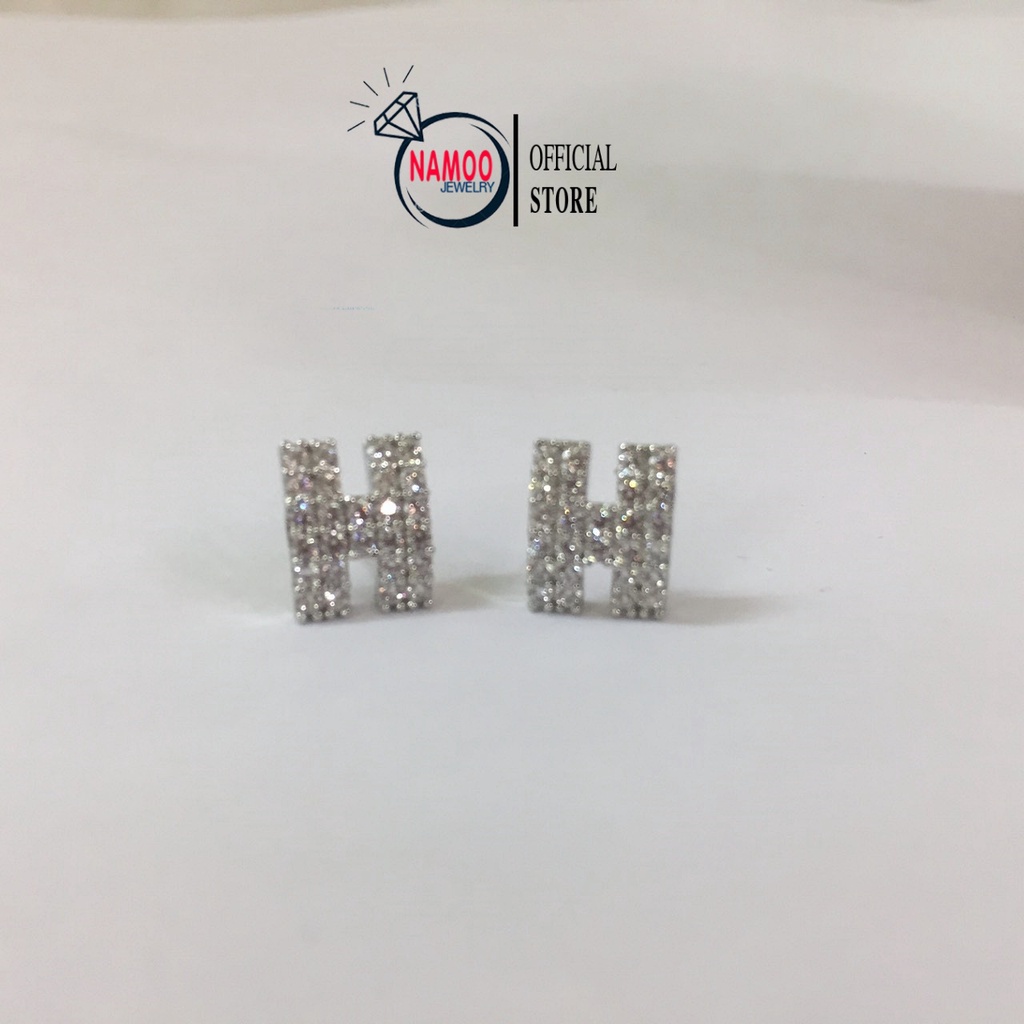 Khuyên Bạc Chữ H đính Đá T714 Mạ Bạc Namoo Jewelry