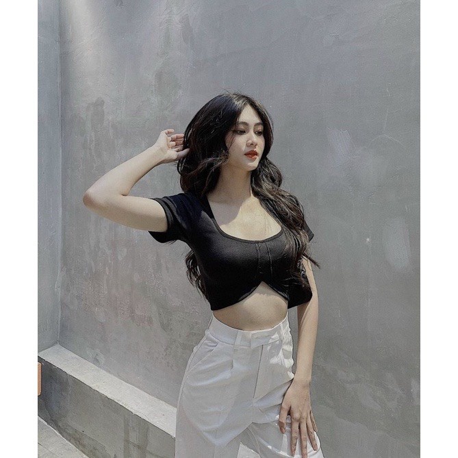 áo croptop cổ tròn cut eo, áo thun nữ