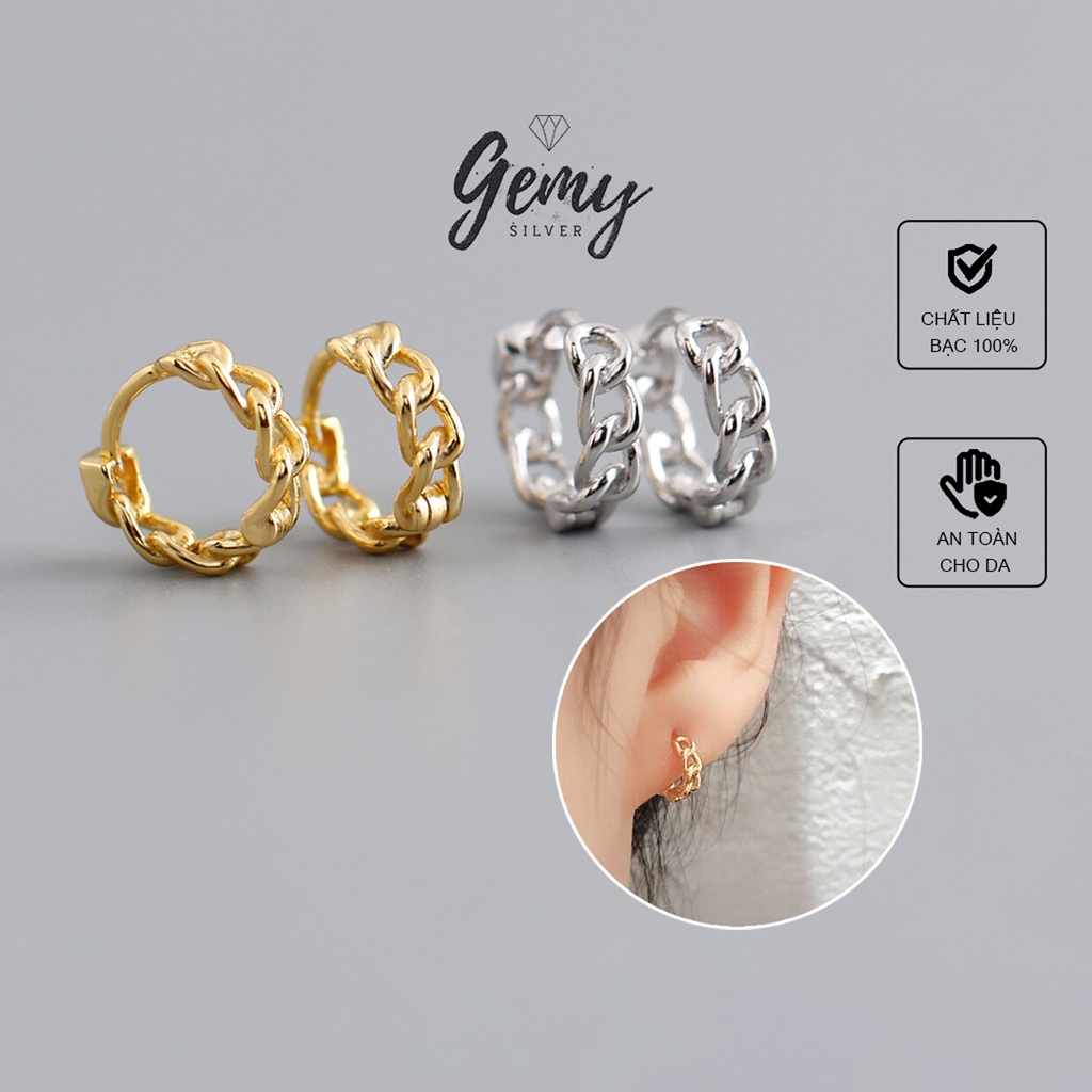 Khuyên tai tròn nam bạc 925 hình mắt xích đơn giản, cá tính, unisex (1 chiếc) | GEMY SILVER KN15