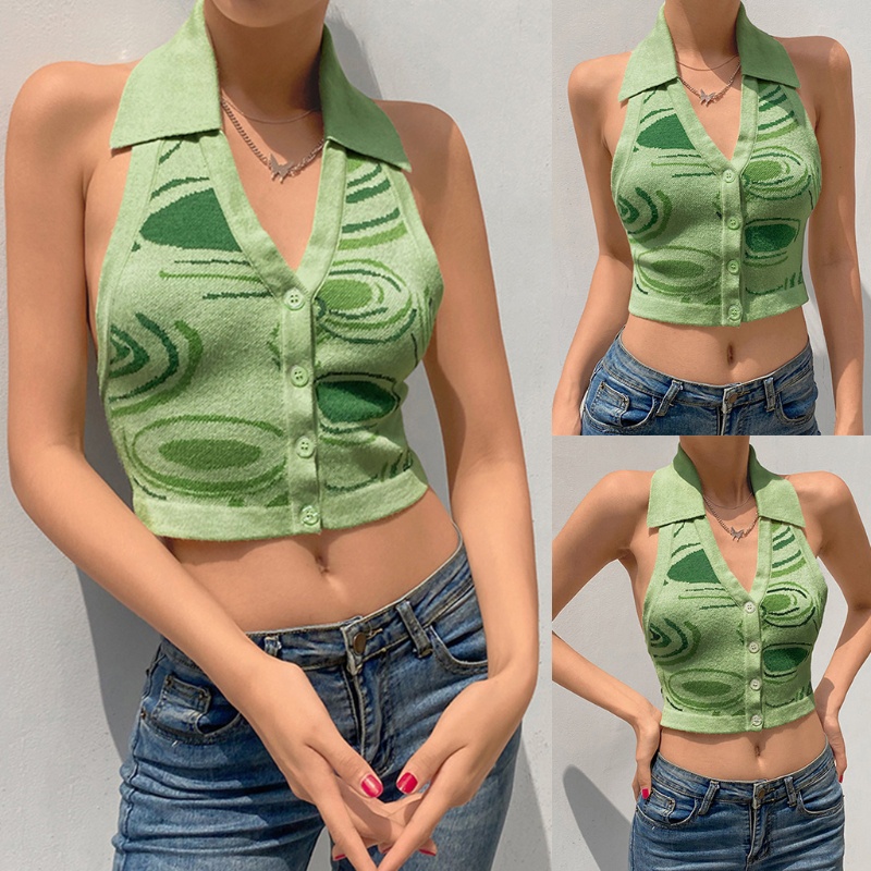 Áo Croptop Dệt Kim Sát Nách Cổ V Xẻ Sâu Hở Lưng Phối Nút In Họa Tiết Dễ Thương Cho Nữ