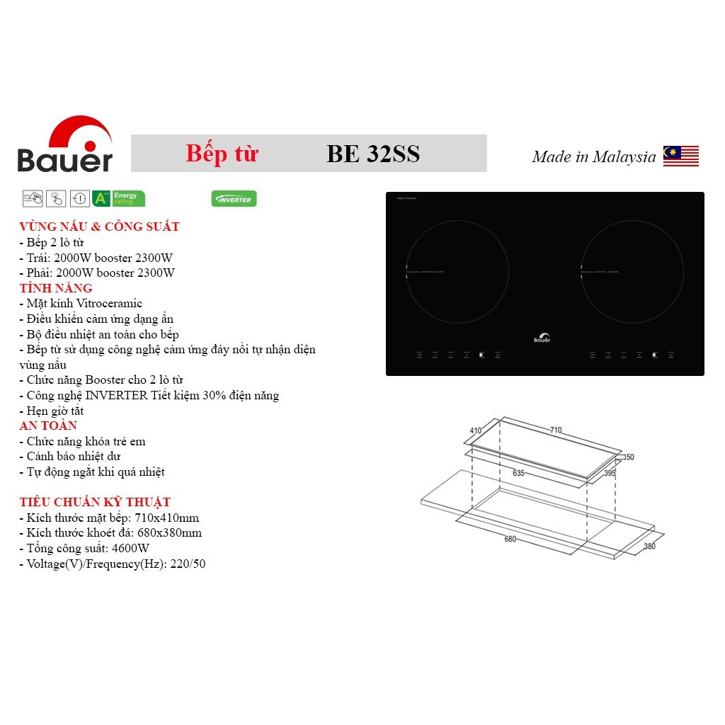 Bếp từ Bauer BE 32SS  Bếp từ đôi inveter BE32SS, Bảo hành 3 năm