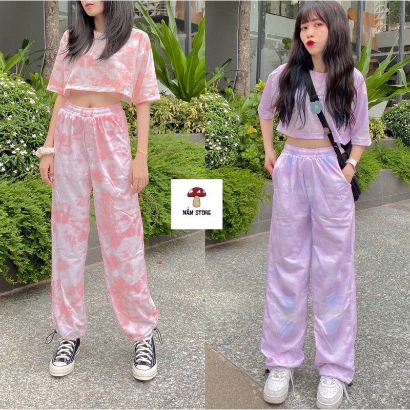 Set Áo Croptop loang tay lở kèm Quần dài jogger loang màu dáng rộng ống bo Unisex