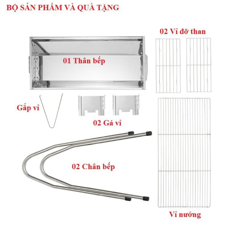 Bếp nướng than hoa BBQ inox điều chỉnh được độ cao, 35*30*28cm