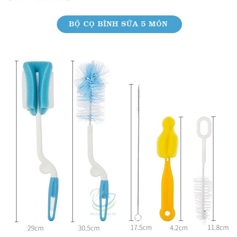 Bộ cọ rửa bình sữa Moonship cọ núm ti cọ ống hút 5 chi tiết an toàn cho bé chính hãng CBS01