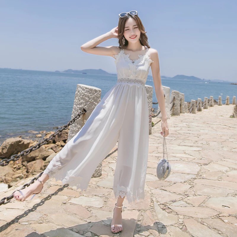 Jumpsuit Dài Hai Dây Ullzang Đồ Bay Nhún Ren Trắng Du lịch Hàn Quốc Retro Maxi Đơn Giản VFSJT210219