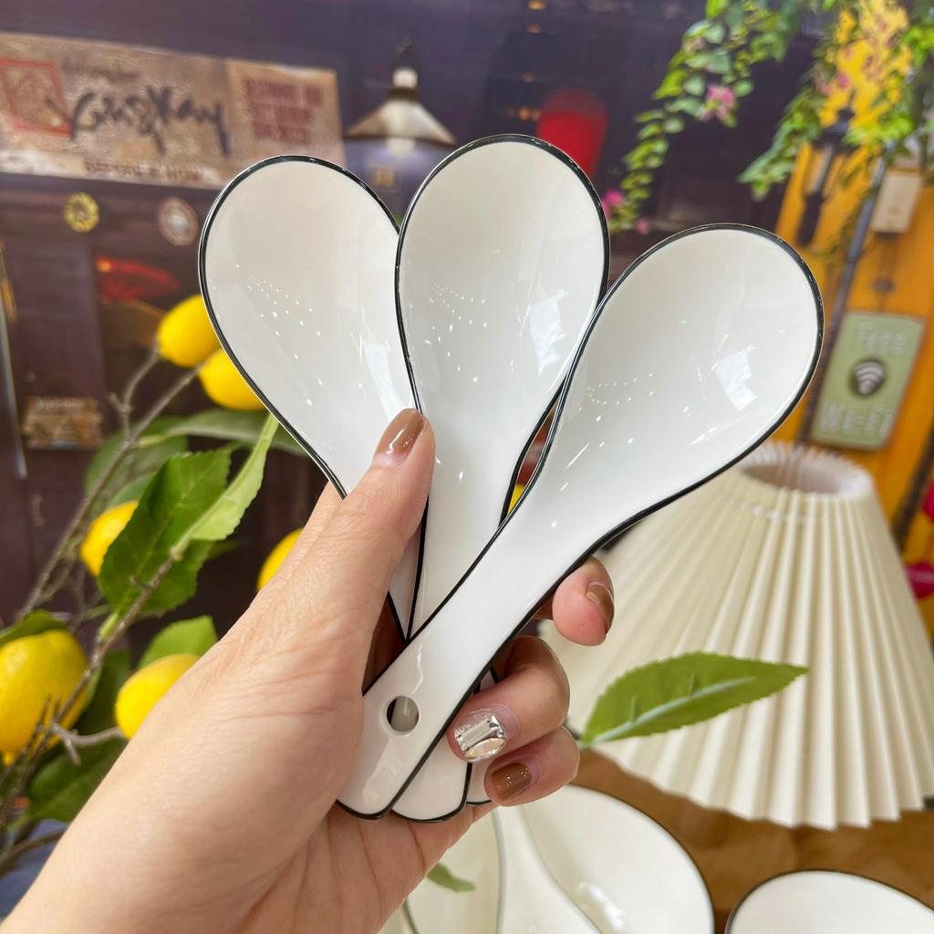 Bộ bát đĩa sứ trắng decor viền đen sáng mịn cao cấp phong cách Châu Âu, Bát ăn cơm, Chén Dĩa