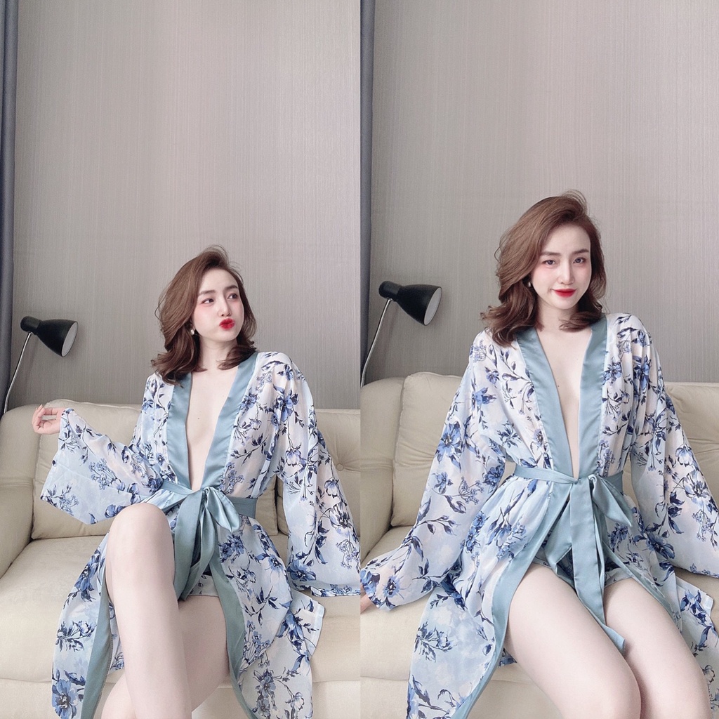 Áo Choàng Ngủ, Set Choàng Kèm Quần Vải Voan Phối Satin