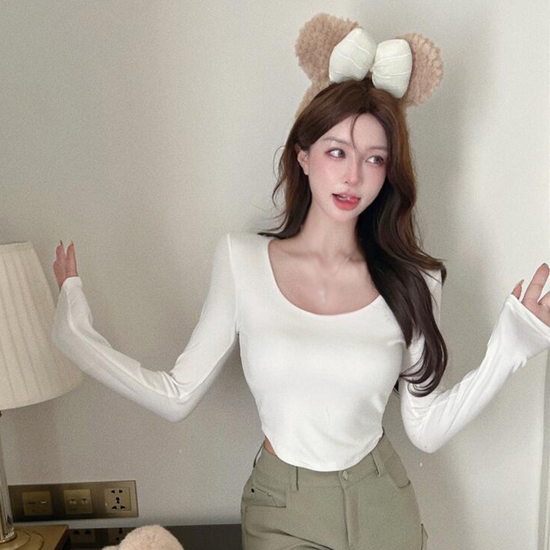 Áo Thun Crop Top Tay Dài Màu Sắc Đơn Giản Phong Cách Hàn Quốc Cho Nữ