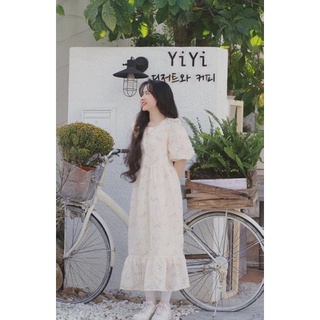 Đầm midi babydoll hoa đuôi cá tay phồng