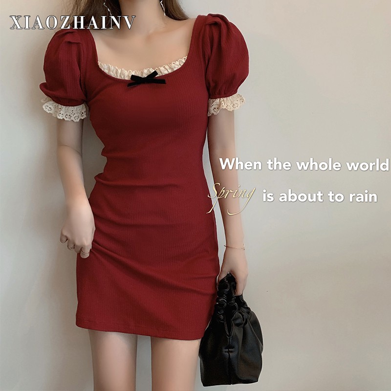 Xiaozhainv Đầm/chân váy/áo dệt kim ngắn tay cổ vuông phối ren thời trang Hàn Quốc | BigBuy360 - bigbuy360.vn