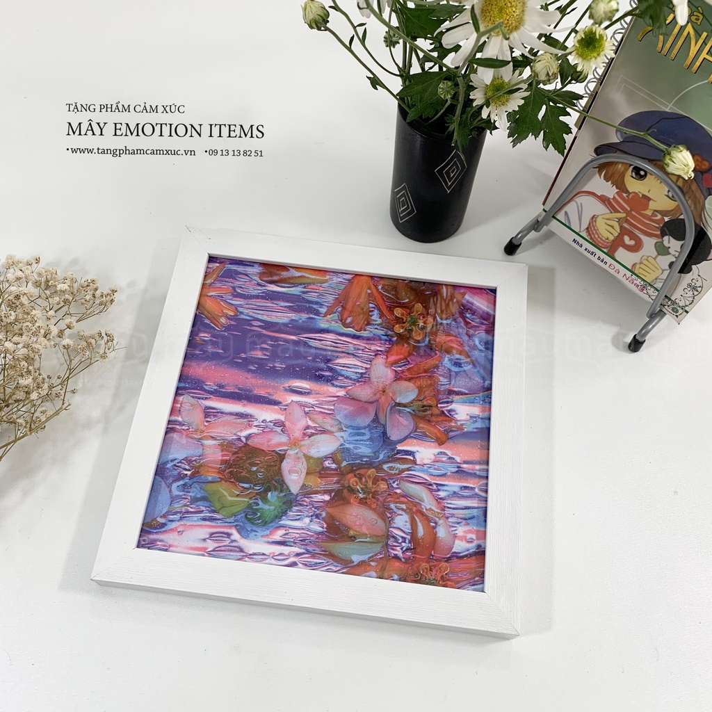 Tranh decor 20*20cm khung gỗ kính để bàn treo tường