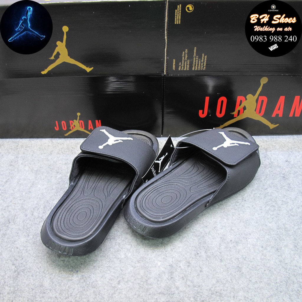 Dép JD Jordan bóng rổ FREE SHIP + hộp hãng + jordan đủ tem tag loại 1 đen logo trắng quai ngang dán nam nữ. BH Slippers