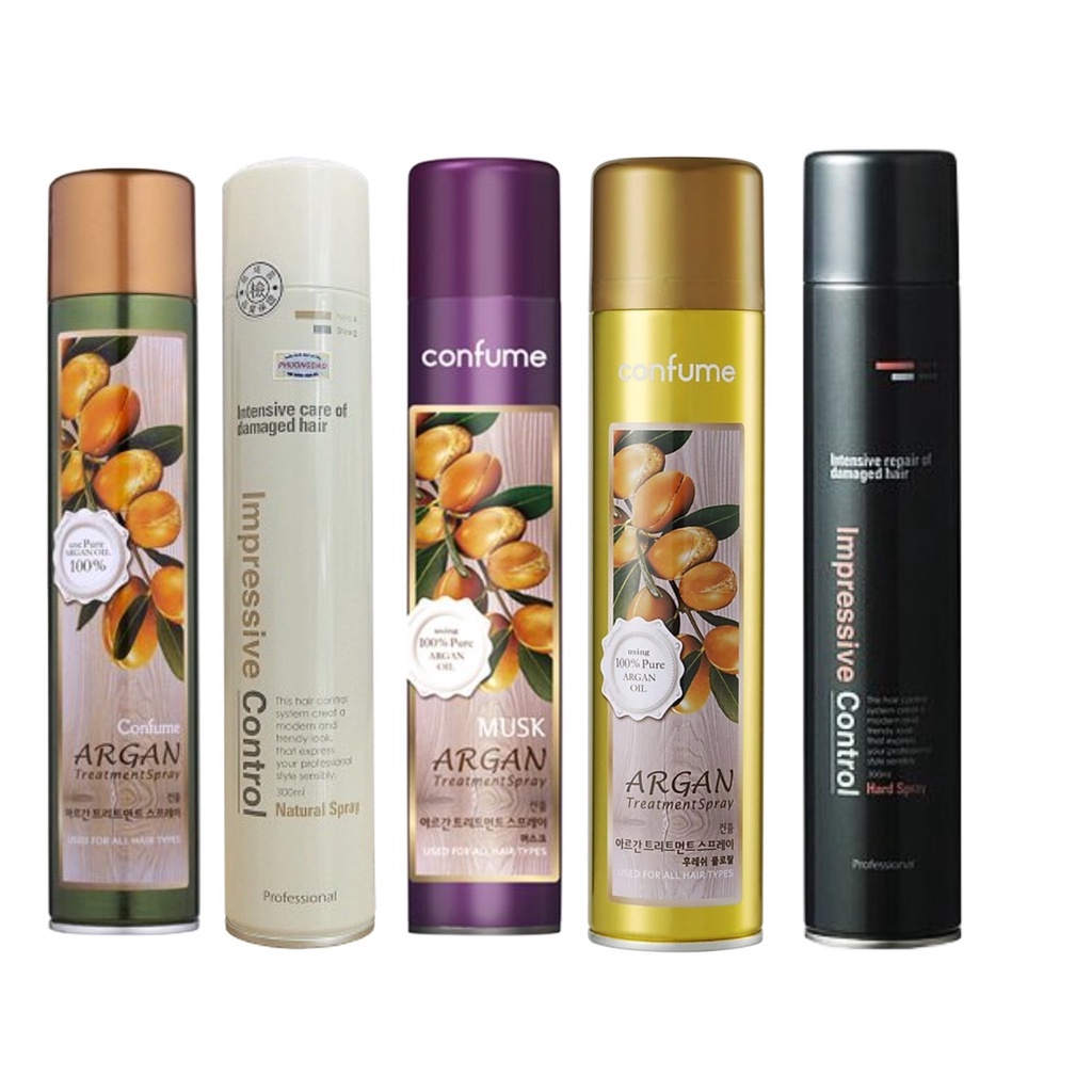 Gôm xịt tóc nam/nữ tạo kiểu cứng, giữ nếp lâu Confume Musk Argan Treatment Spray 300ml (hương xạ hương và Argan)