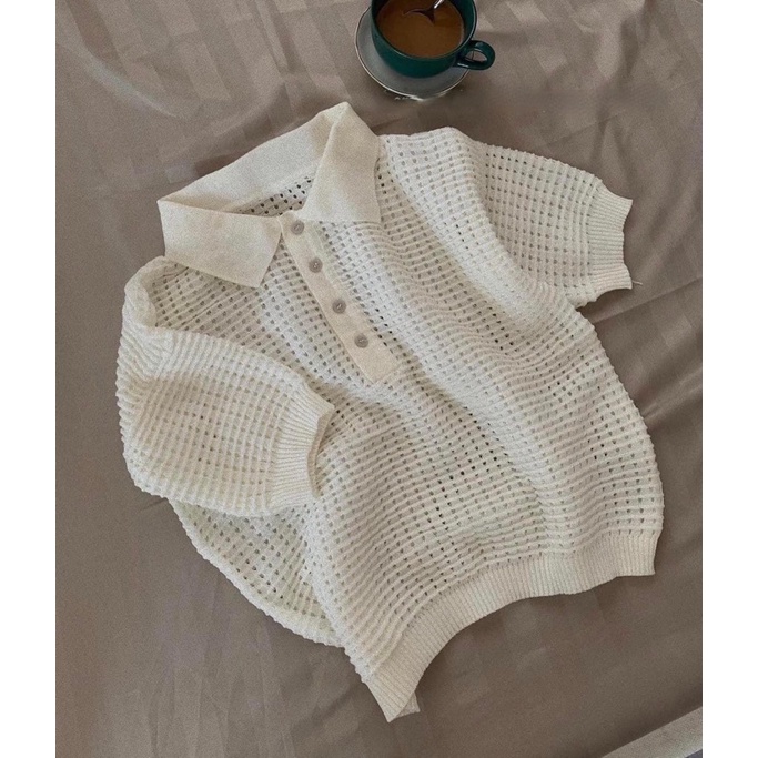 [Mã 155FASHIONSALE giảm 100% đơn 150K] Áo len lưới trắng cổ polo the.sweaterweather TSW (Ảnh thật nha)