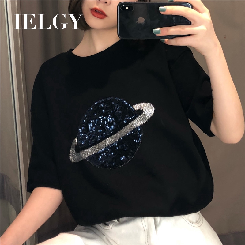 IELGY    Áo Thun Tay Ngắn Dáng Rộng Phong Cách Hong Kong Thời Trang Cho Nữ