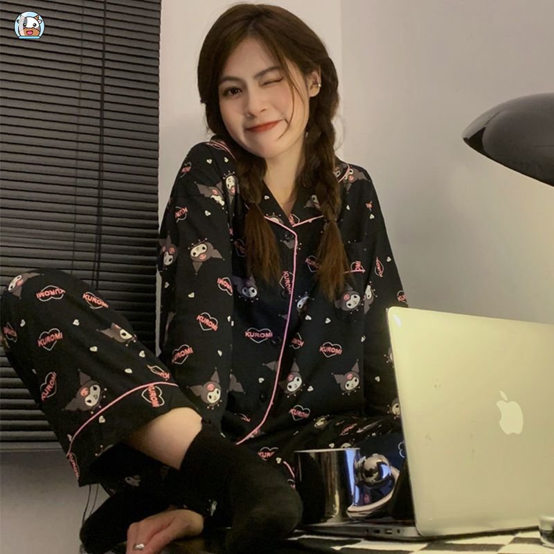 Bộ Đồ Ngủ Tay Dài Màu Đen In Hình Kuromi Dễ Thương Thời Trang Xuân Thu Cho Nữ