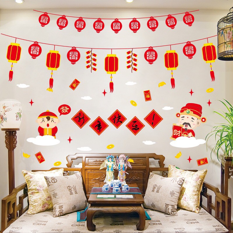 Decal dán tường Tết - Rèm lồng đèn phối thần tài chào Xuân