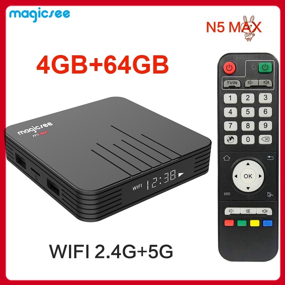 Hộp TV Magicsee N5 thông minh Android 9.0 S905X3 Quad Core Cortex-A55 64 4GB / 64GB 2.4G và 5G WiFi 4K giải mã H.265 VP9