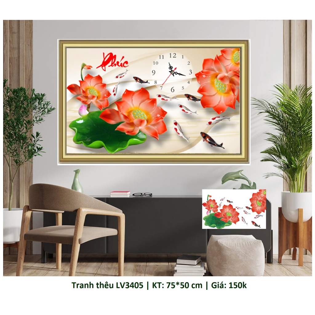 Tranh thêu chữ thập đồng hồ chữ Phúc LV3405 (75 x 50 cm)
