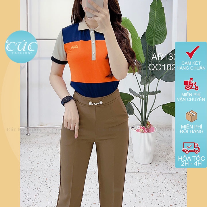 Áo phông polo Cúc Fashion unisex nam nữ đồng phục công sở tay ngắn vải thun cotton cá sấu phối cam cổ be  AP133