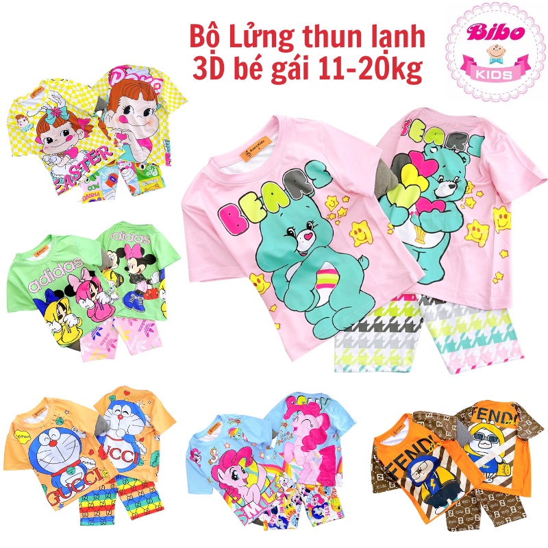 Bộ lửng thun lạnh 3D in Hoạt hình siêu dễ thương cho bé gái 9 - 22 kg, Đồ bộ mặc nhà công chúa bánh bèo dễ thương