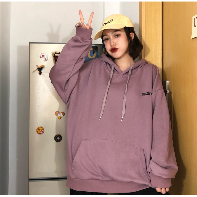 SUXI Áo Hoodies Tay Dài Màu Trơn Phong Cách Hàn Quốc