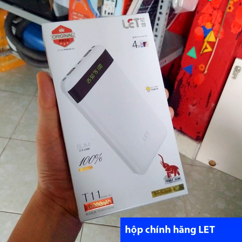 Sạc Dự Phòng 10.000mAh Màn hình báo pin, có đèn pin, Chính hãng LET, 2usb 2.1A