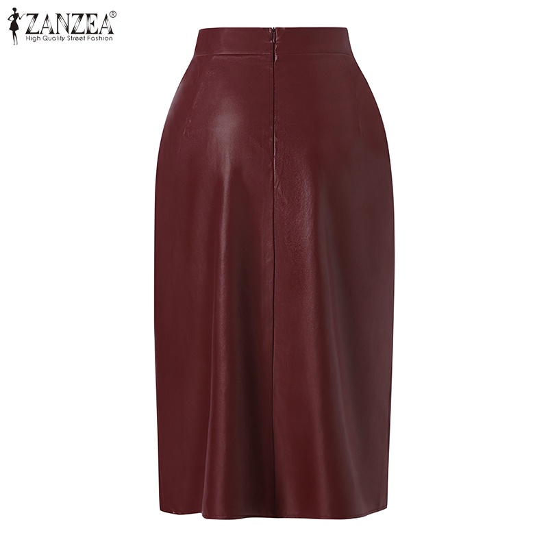 ZANZEA Chân Váy Da PU Dài Lưng Cao Xẻ Tà Thời Trang Cho Nữ