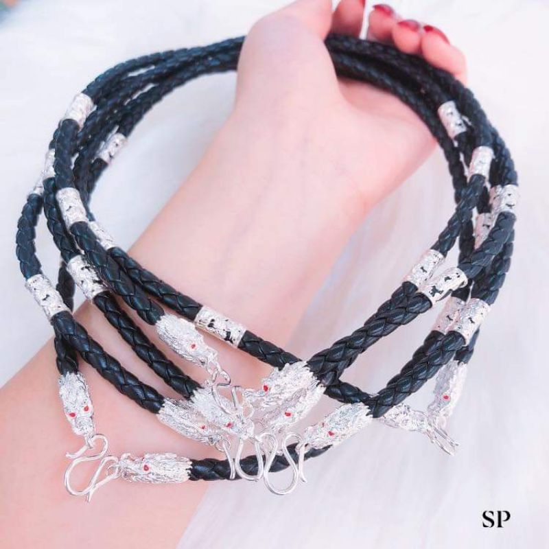 Dây da bện bọc đầu rồng bạc cho nam