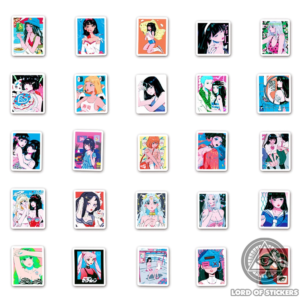 Set 50 Nhãn Dán Hoạt Hình Cô Gái Nhật Bản Sticker Cute Anime Aesthetic Chống Thấm Nước Trang Trí Mũ Bảo Hiểm, Laptop, Sổ