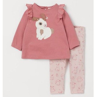 Set áo thỏ tai nổi, quần thỏ hồng cho bé gái H&M authentic 💯