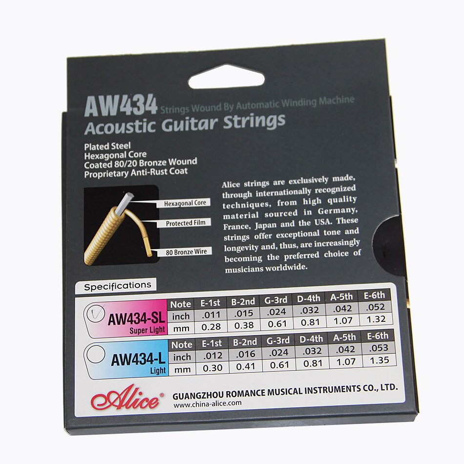 Bộ 6 dây guitar Alice AW434, AW434 Acoustic Guitar String Set, Plated Steel Plain String 80/20 Bronze