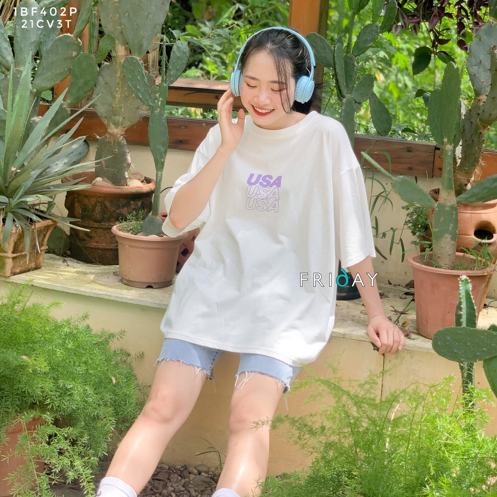 Áo phông nữ cotton oversized Friday 1CC901P họa tiết chữ USA